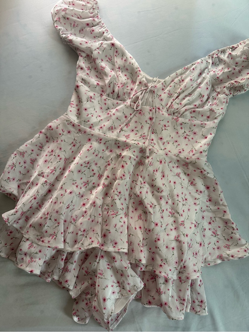White Floral Ruffle Romper with Pink Accent